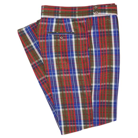 Mens 36 Gurkha Pants Green Red Blue Plaid Check Trousers Flat Front Straight Fit